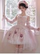 Rose Window Series Court Style Pink Lace Gorgeous Mesh Yarn Bowknot Flower Print Classic Lolita Sleeveless Dress Bonnet Set