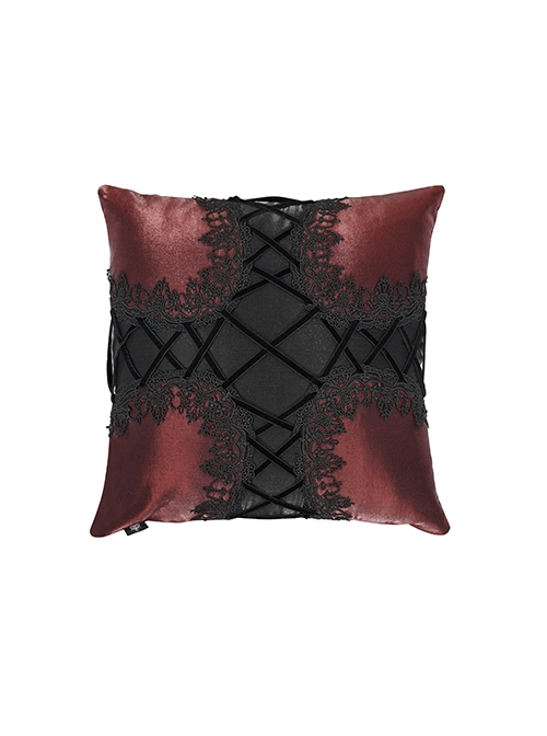 Gothic Style Gorgeous Woven Fabric Cross Stitch Flower Decoration In The Middle Red Rope Lace Removable Pillow