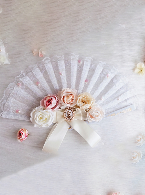 Gorgeous Palace Style Retro Simulation Stereo Flower Bowknot Pearl Tea Party Classic Lolita Fan