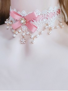 Gorgeous Pearl Chain Lace Pink Ribbon Bowknot Little Flower Pendant Sweet Lolita Necklace