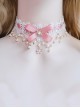 Gorgeous Pearl Chain Lace Pink Ribbon Bowknot Little Flower Pendant Sweet Lolita Necklace