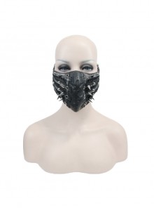 Punk Style Handsome Metal Eyelets Rivets Stitching Diamond Mesh Embroidery Silver And Black Leather Mask