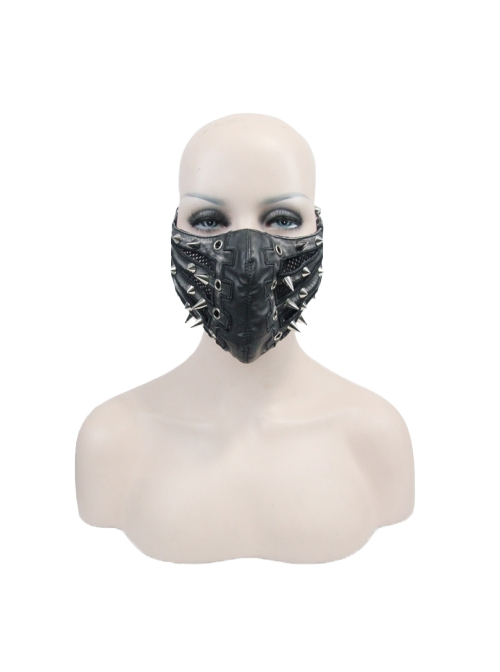 Punk Style Handsome Metal Eyelets Rivets Stitching Diamond Mesh Embroidery Silver And Black Leather Mask