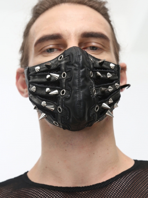 Punk Style Handsome Metal Eyelets Rivets Stitching Diamond Mesh Embroidery Silver And Black Leather Mask