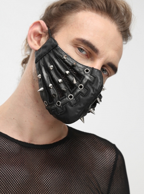 Punk Style Handsome Metal Eyelets Rivets Stitching Diamond Mesh Embroidery Silver And Black Leather Mask