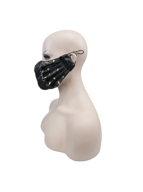 Punk Style Handsome Metal Eyelets Rivets Stitching Diamond Mesh Embroidery Silver And Black Leather Mask