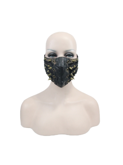 Punk Style Handsome Metal Eyelets Rivets Stitching Diamond Mesh Embroidery Brown And Black Leather Mask