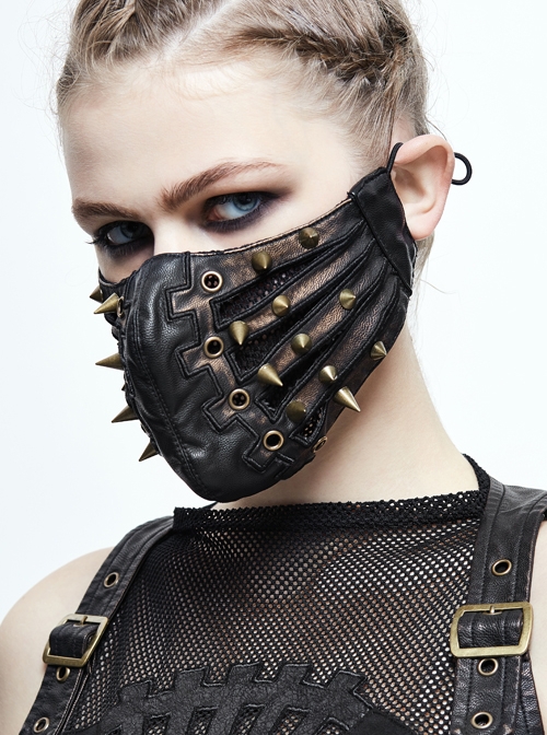 Punk Style Handsome Metal Eyelets Rivets Stitching Diamond Mesh Embroidery Brown And Black Leather Mask