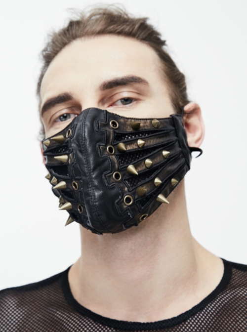 Punk Style Handsome Metal Eyelets Rivets Stitching Diamond Mesh Embroidery Brown And Black Leather Mask