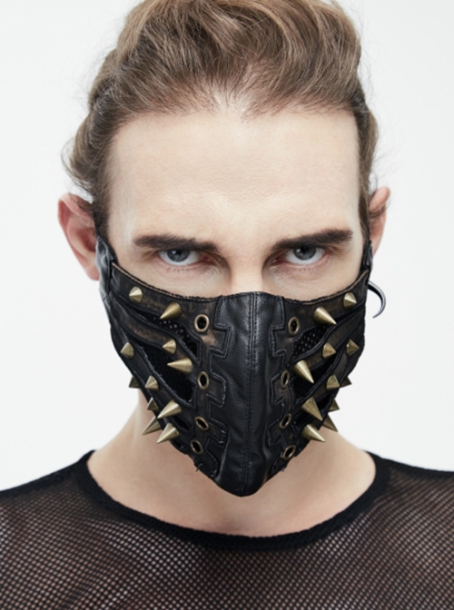 Punk Style Handsome Metal Eyelets Rivets Stitching Diamond Mesh Embroidery Brown And Black Leather Mask