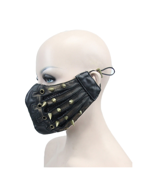 Punk Style Handsome Metal Eyelets Rivets Stitching Diamond Mesh Embroidery Brown And Black Leather Mask