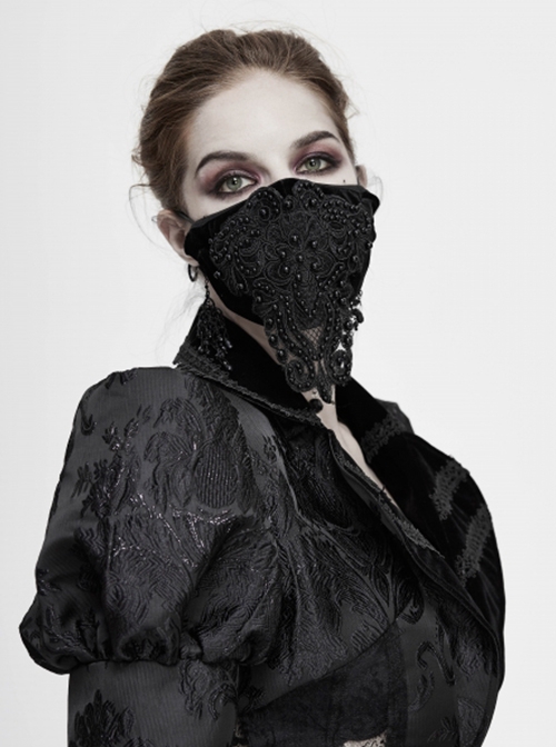 Gothic Style Gorgeous Lace Embroidery With Hand Sewn Beads Adjustable Black Velvet Mask