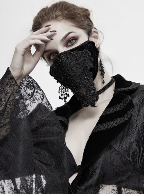 Gothic Style Gorgeous Lace Embroidery With Hand Sewn Beads Adjustable Black Velvet Mask