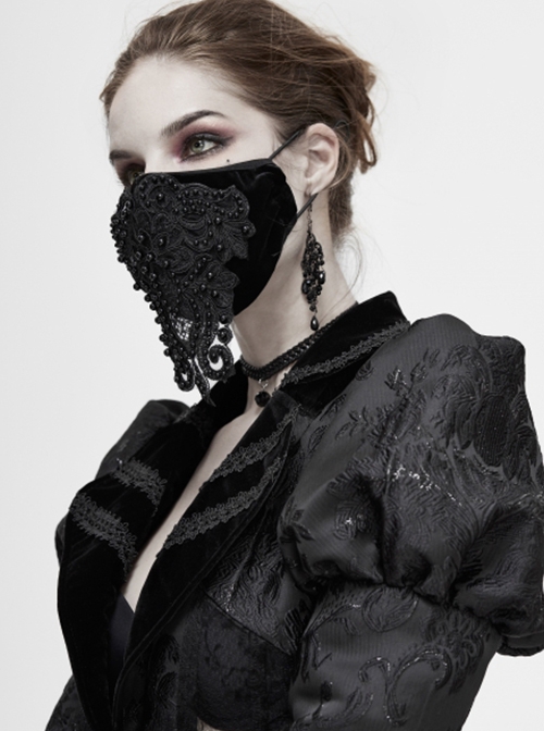 Gothic Style Gorgeous Lace Embroidery With Hand Sewn Beads Adjustable Black Velvet Mask