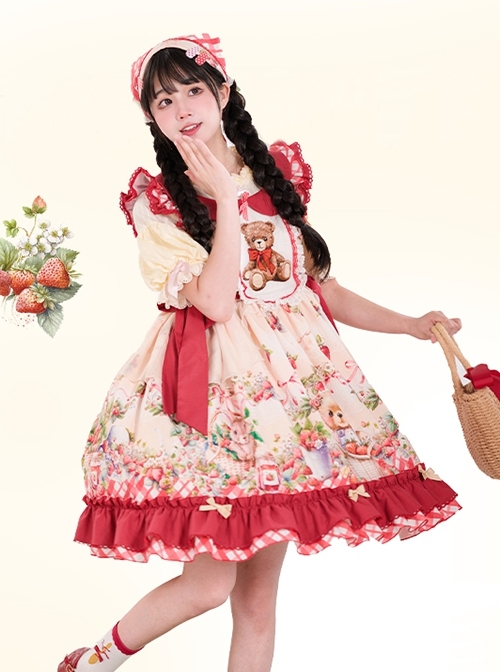 December Strawberry Fields Red Cute Doll Collar Bear Embroidery Print Bowknot Sweet Lolita Sleeveless Dress Headscarf Set