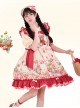 December Strawberry Fields Red Cute Doll Collar Bear Embroidery Print Bowknot Sweet Lolita Sleeveless Dress Headscarf Set