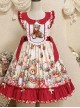 December Strawberry Fields Red Cute Doll Collar Bear Embroidery Print Bowknot Sweet Lolita Sleeveless Dress Headscarf Set