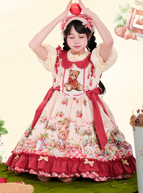 December Strawberry Fields Red Cute Doll Collar Bear Embroidery Print Bowknot Sweet Lolita Sleeveless Dress Headscarf Set