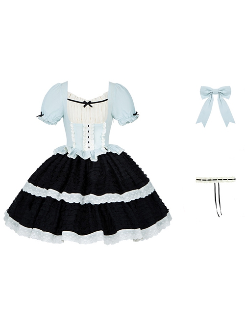 Mint Black Chocolate Series Light Blue Contrast Color Chiffon Classic Lolita Square Collar Puff Sleeves Dress Choker Set