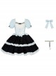 Mint Black Chocolate Series Light Blue Contrast Color Chiffon Classic Lolita Square Collar Puff Sleeves Dress Choker Set