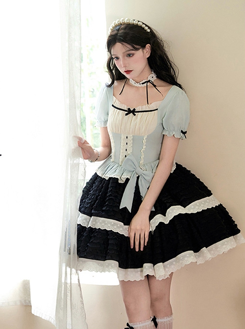 Mint Black Chocolate Series Light Blue Contrast Color Chiffon Classic Lolita Square Collar Puff Sleeves Dress Choker Set