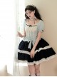 Mint Black Chocolate Series Light Blue Contrast Color Chiffon Classic Lolita Square Collar Puff Sleeves Dress Choker Set