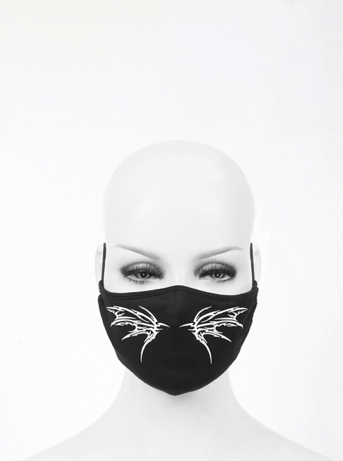 Punk Style Simple Stretch Knitted Lined Mesh Fabric Front Wing White Three Dimensional Print Black Adjustable Mask