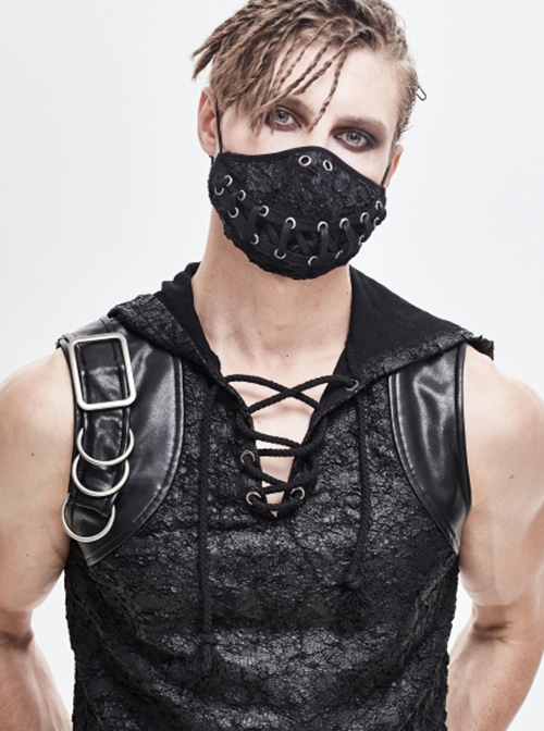 Punk Style Personalized Knitted Splicing Torn Ropes Distressed Black Ropes Adjustable Mask