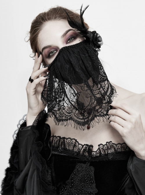 Gothic Style Secret Cotton Outer Layer Pleated Lace With Feather Rose Decoration Black Adjustable Solid Color Mask