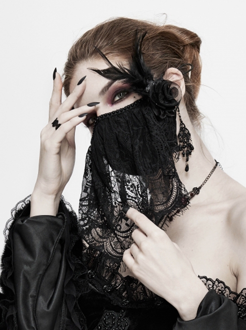 Gothic Style Secret Cotton Outer Layer Pleated Lace With Feather Rose Decoration Black Adjustable Solid Color Mask