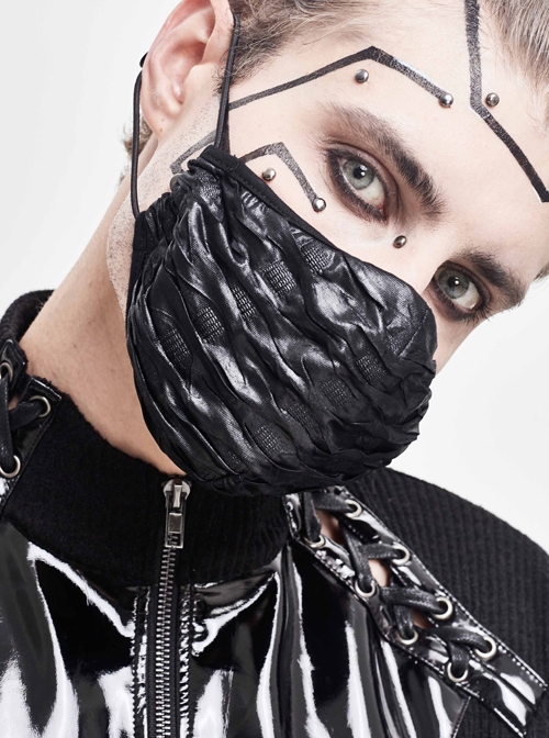 Punk Style Three Dimensional Shiny Pleated Knitted Splicing Breathable Mesh Lining Black Mask