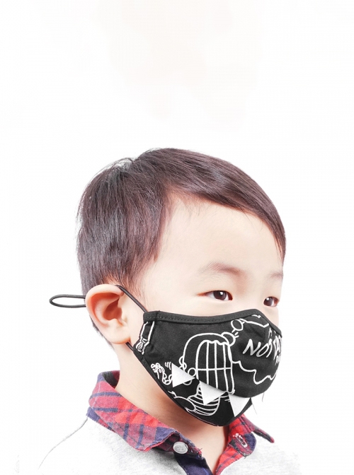 Punk Style Handsome Dinosaur Print Stitching Double Suede Black Adjustable Kids Mask