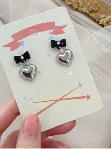 Love You Series Versatile Simple Daily Cool Subculture Sweet Lolita Black Ribbon Bowknot Silver Heart Stud Earrings