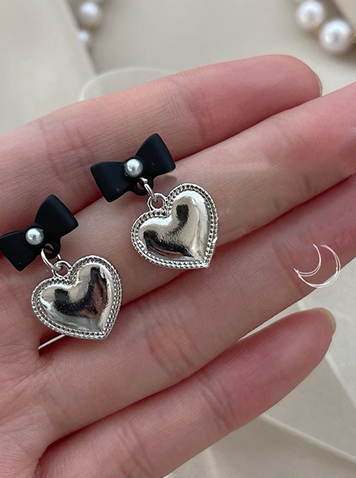 Love You Series Versatile Simple Daily Cool Subculture Sweet Lolita Black Ribbon Bowknot Silver Heart Stud Earrings