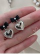 Love You Series Versatile Simple Daily Cool Subculture Sweet Lolita Black Ribbon Bowknot Silver Heart Stud Earrings