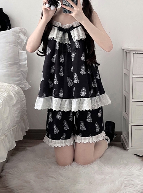 Sleepwalking Series Black White Lace Retro Doll Print Suspender Top Short Pants Kawaii Fashion Pajamas Loungewear Set