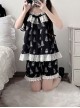 Sleepwalking Series Black White Lace Retro Doll Print Suspender Top Short Pants Kawaii Fashion Pajamas Loungewear Set