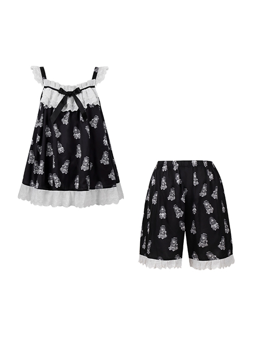 Sleepwalking Series Black White Lace Retro Doll Print Suspender Top Short Pants Kawaii Fashion Pajamas Loungewear Set