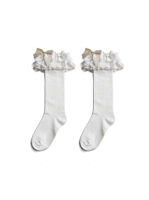 Ballet Style Versatile Multi-Layer Lace Bowknot Sweet Lolita Soft Girl Cotton Mid-Calf Socks