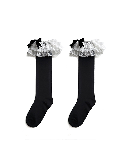 Ballet Style Versatile Multi-Layer Lace Bowknot Sweet Lolita Soft Girl Cotton Mid-Calf Socks