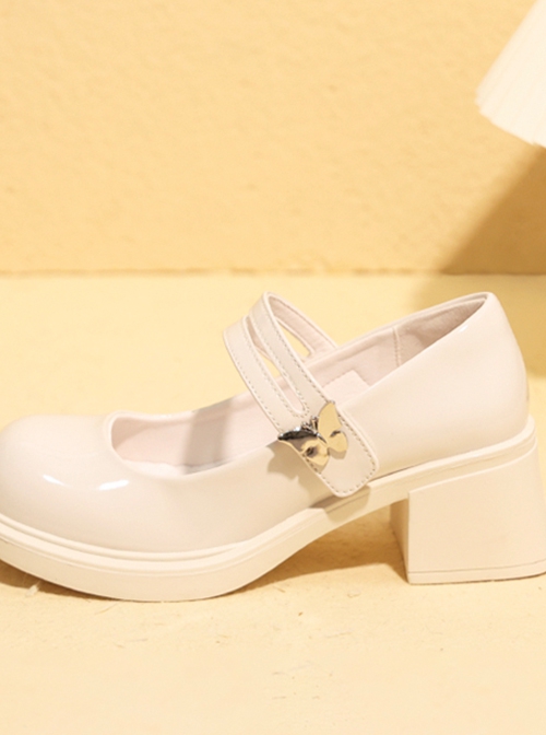 Cute College Style Versatile Round-Toe Butterfly Accessory Sweet Lolita Shallow Mouth Mid-Heel Mary Jane Leather Shoes