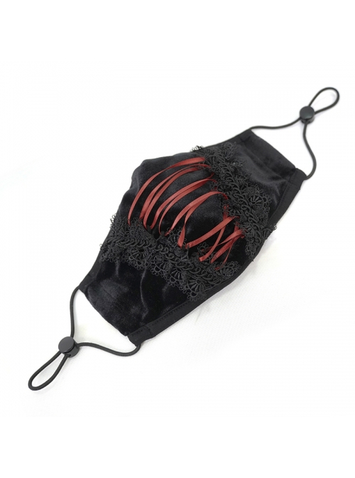 Gothic Style Exquisite Velvet Splicing Lace Red Rope Black Breathable Mask