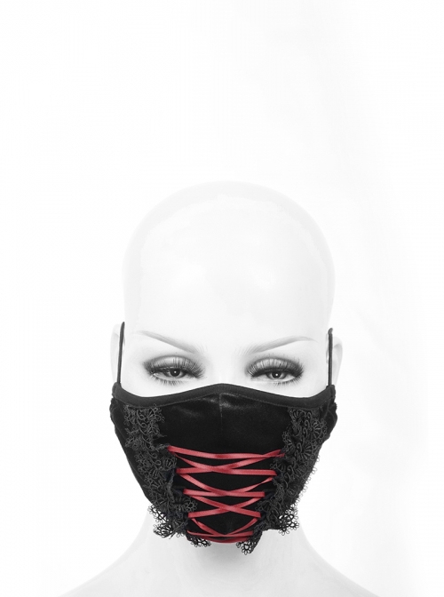 Gothic Style Exquisite Velvet Splicing Lace Red Rope Black Breathable Mask