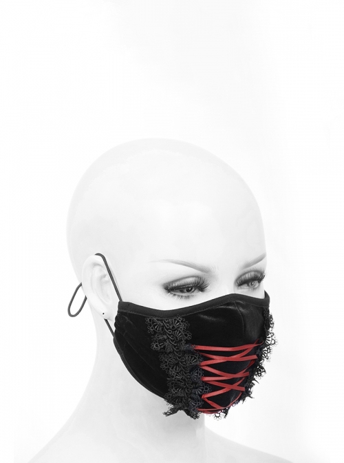 Gothic Style Exquisite Velvet Splicing Lace Red Rope Black Breathable Mask