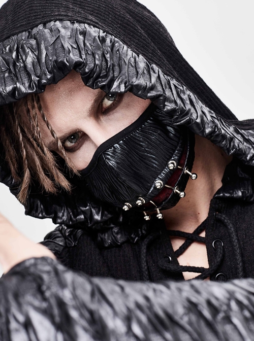 Punk Style Personality Shiny Pleated Front Center Metal Rivet Link Black Adjustable Mask