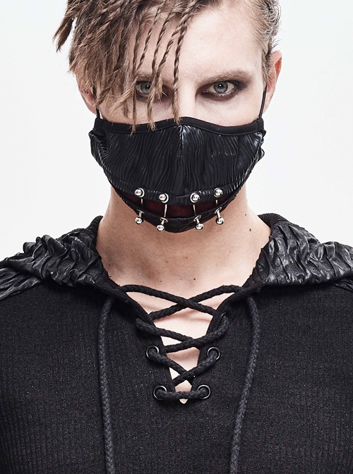 Punk Style Personality Shiny Pleated Front Center Metal Rivet Link Black Adjustable Mask