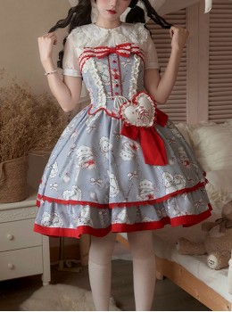 Sweet Tea Party Series Retro Fairy Tale Style Grayish Purple Tea Set Bear Print Red Lace Sweet Lolita Sleeveless Dress