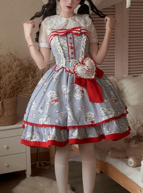 Sweet Tea Party Series Retro Fairy Tale Style Grayish Purple Tea Set Bear Print Red Lace Sweet Lolita Sleeveless Dress