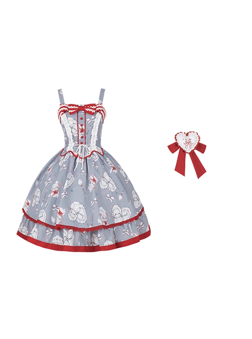 Sweet Tea Party Series Retro Fairy Tale Style Grayish Purple Tea Set Bear Print Red Lace Sweet Lolita Sleeveless Dress