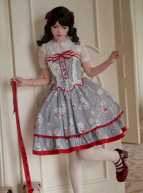 Sweet Tea Party Series Retro Fairy Tale Style Grayish Purple Tea Set Bear Print Red Lace Sweet Lolita Sleeveless Dress